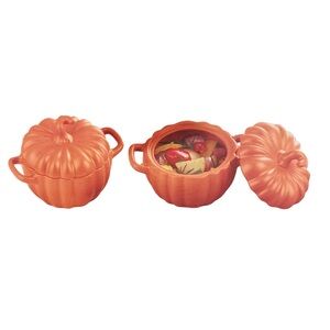 Crofton Pumpkin Shaped Mini Orange Ceramic Casserole Soup Dessert Dish 2 Pc Set